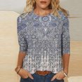 thumbnail image 2 of Pompotops Mode Femmes Imprimé T-shirt Mi-Longueur Manches 3/4 Blouse Col Rond Casual Tops Dégagement, 2 of 5