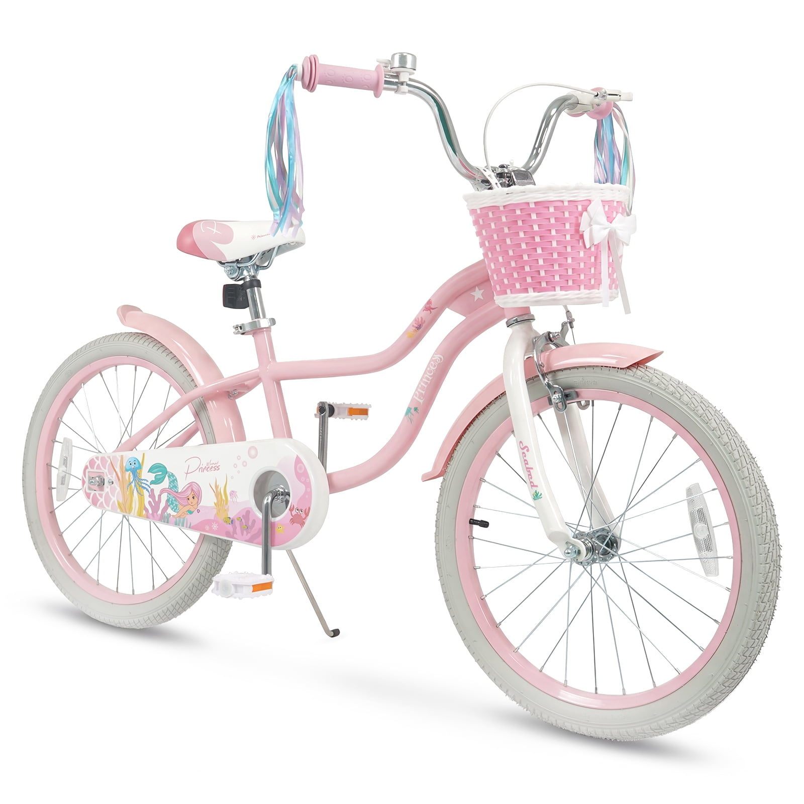 Costway 20” Girls Bike with Removable Basket, Streamers, Hand Brake & Coaster Brake, Saddle Pink