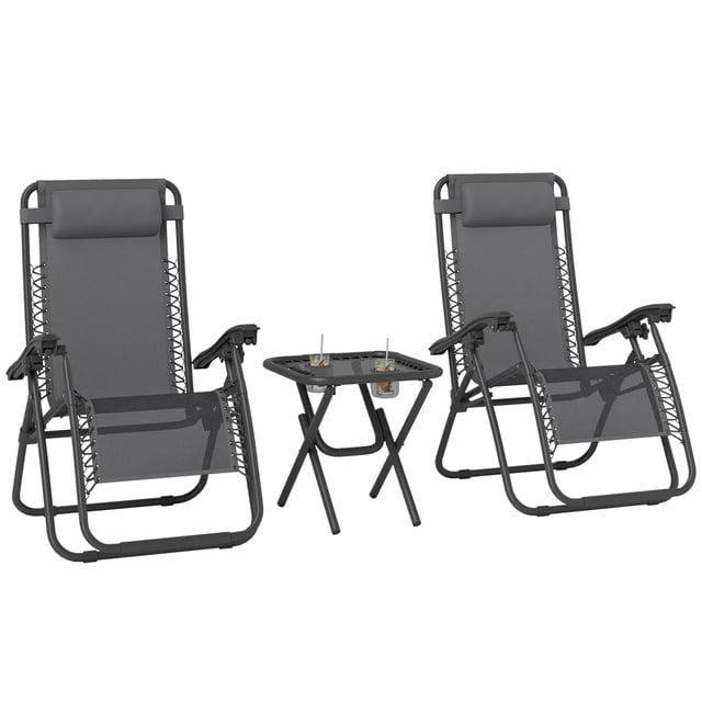 Outsunny Ensemble de Chaises à Gravité Zéro avec Table Pliante et Plateaux Porte-Gobelet Gris