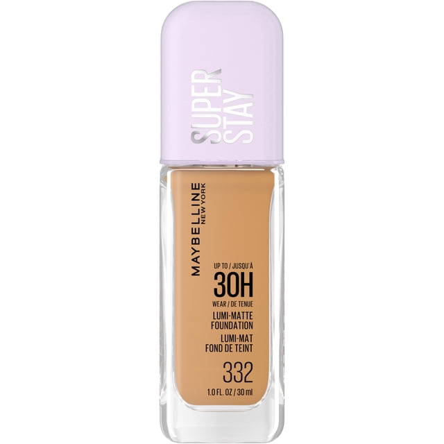 Maybelline New York Super Stay Lumi Matte Foundation shade 332 in a clear rectangular glass bottle with a pale lavender cap, providing up to 30 hours of lightweight, long-wear liquid foundation with a matte finish and subtle luminosity, suitable for all skin types and resistant to sweat and transfer.
