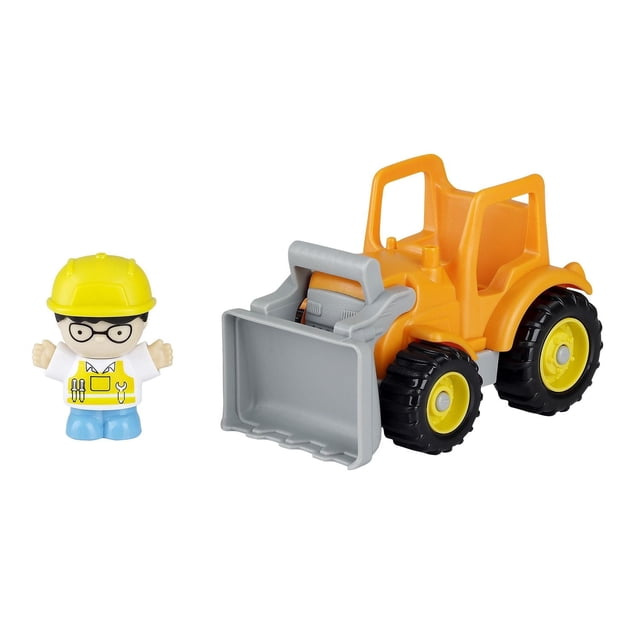Kid Connection Mini First Scooper Truck & Driver two-piece mini scooper vehicle with removable driver in durable lightweight plastic, freewheeling movable bucket; no batteries or assembly, suitable for ages 24 months+, encourages imaginative play and motor skills, colour may vary. Often used as a compact construction-play toy for small hands or for tabletop worksite scenes.