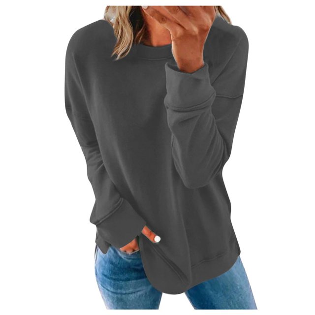 Chandails de Compression à Manches Longues pour Femmes Col Ras du Cou Unis Plus Chandail Surdimensionné Coupe Ample Pulls Tendance Hauts Légers pour Femmes Grande Taille Gris m