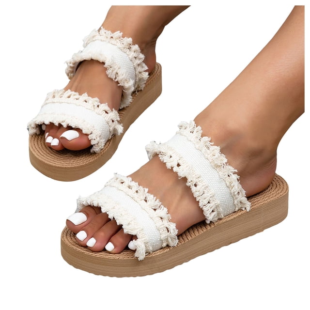 Sandales à Enfiler de Plage pour Femmes, Blanches, en Toile Déchirée, Plateforme, Pantoufles Plates, Chaussures d'Été