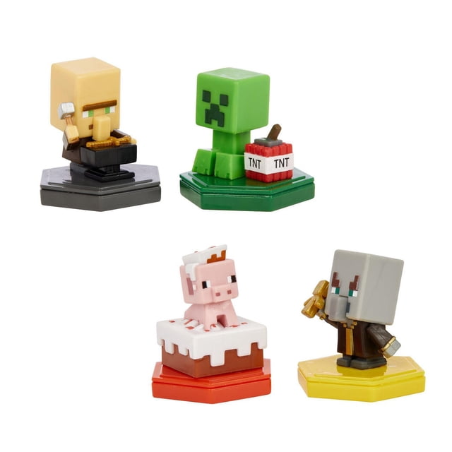 Minecraft Earth Boost Minis 2-Pack Assortment NFC-chip Toys featuring four collectible mini figures on hexagonal bases: a beige villager with a hammer on a black base, a green creeper with TNT blocks on a green base, a pink pig sitting on a cake on a red base, and a gray-helmeted character holding a golden item on a yellow base, designed for the Minecraft Earth augmented reality game.