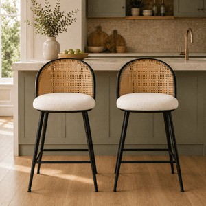 KOSSMAI Set of 2 Counter Height Bar Stools, PE Rattan Backrest, Boucle Upholstered Seat, Modern Kitchen Island Chairs, 26.7" Seat Height, Black Metal Frame White