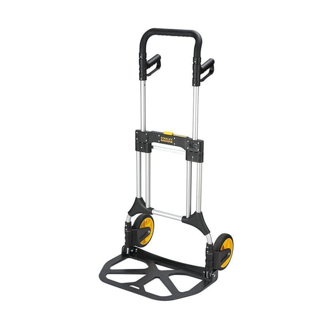 Diable Pliant en Aluminium à Poignée Réglable 200 kg avec Plaque de base Noire Pliable 59 X 40 cm, Cadre en Aluminium Argenté, Roues en Caoutchouc Jaunes 203 X 58 mm avec Roulements à Billes, et Poignées à Poignée Souple Noires, Convient au Rangement portable et aux Charges Lourdes.