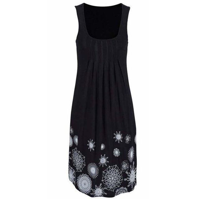 BJYX Sundress Femmes Casual Robe d'Été Cou Sans Manches Plissé Imprimé Beachwear Tank Sundresses Swing Robe