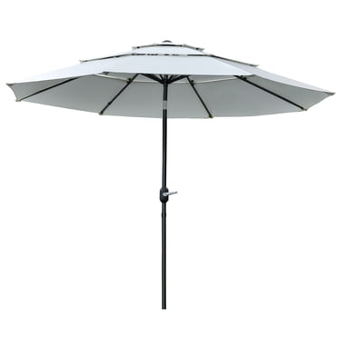 Outsunny Parasol de Patio 9 Pi à 3 Niveaux, Parasol de Marché Extérieur avec Manivelle, Inclinaison à Bouton-Poussoir pour Terrasse, Cour Arrière et Pelouse, Blanc Crème