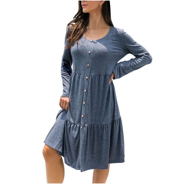 Pompotops Robe Décontractée Mode Femme Col Rond Ample Couleur Unie Aguichant Manches Longues Boutonnée