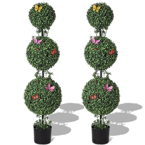 Ensemble de 2 Arbres Topiaires Artificiels à Triple Boule, Faux Buis de 48 Pouces de Hauteur avec Pot, Verdure Artificielle Réaliste, avec Accents de Vigne et d'Insectes, pour Intérieur Extérieur Maison Jardin Porche Entrée