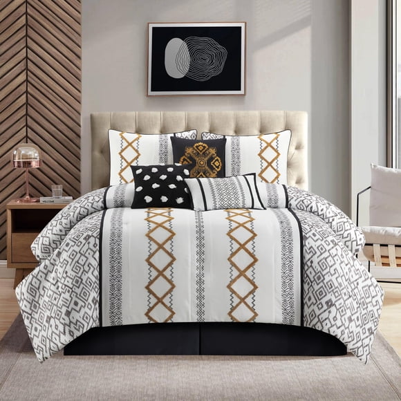 Grand Avenue Ensemble de Couette Noir et Or Format Grand Lit, Ensemble de Literie 7 Pcs en Éponge Brodée pour Toutes Saisons, Jupe de Lit, Oreillers et Taies