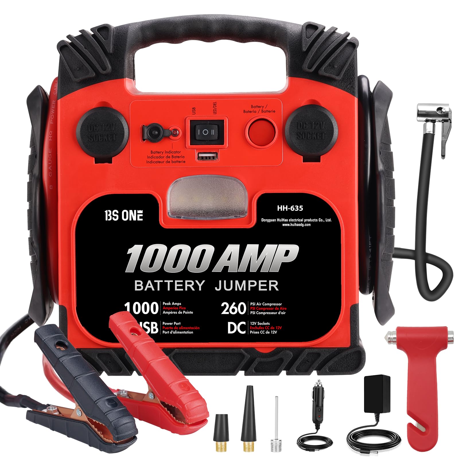 BS ONE 1000 Amp Peak Current Car Jump Stater 12V Lead Acid Battey Jump Box with 260PSI Air Compressor Jump Starter Battery Pack with Led Light & USB Output