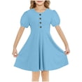 thumbnail image 3 of Milgrthf Robe d'Été pour Filles Enfants Col Rond Manches Bouffantes Ligne A Bouton Évasée Fluide Patineuse Tournoyante Mini Robes 5-15 Ans Bleu Clair, 3 of 8