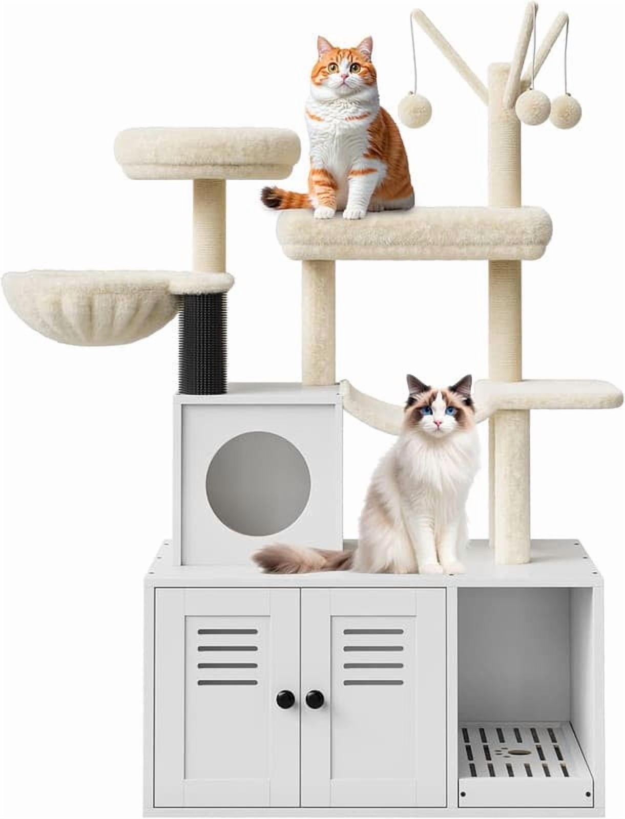 Ourlova Grey Cat Tree with Litter Box Enclosure, All-in-One Modern Cat Tower for Indoor Cats, Wood Cat Condo with Scratching Post, Dangling Balls, Cat Backet & Top Perch