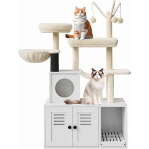Ourlova Arbre de chat gris avec boîte à lettres enclosure, Tour de chat tout-en-un moderne pour les chats intérieurs, Condo de chat en bois avec poste de scratching, Balles de danse, Cat Backet & Perche supérieure
