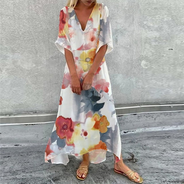 Weiqiqre Robes Habillées pour Femmes, Robe d'Été Décontractée pour Femmes Imprimée avec Poche, Col en V, Manches Courtes