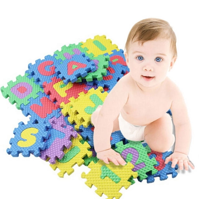Hot Sale! 36-Pieces Puzzle Mat Learning ABC Alphabet Study Kids Letters Floor Play toy with multicoloured foam tiles featuring alphabet letters. A baby is seated on the mat, interacting with the puzzle pieces. Suitable for baby crawling, children's floor puzzles, and educational play.