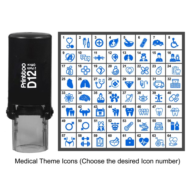 Printtoo Personalized Medical Theme Icons Round Rubber Stamp Self Inking Stamper 12 mm-Blue