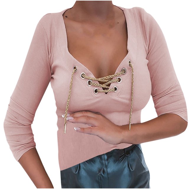 CEHVOM Women's Casual Solid Drawstring Tight Long Sleeve Pullover Tops