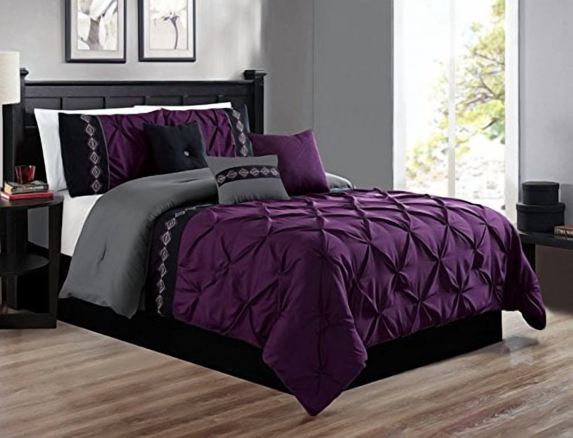 7 Pieces Queen Size Dark Purple / Grey / Black Double-Needle Stitch Pinch Pleat All-Season Bedding-Down Alternative Embroidered Comforter Set