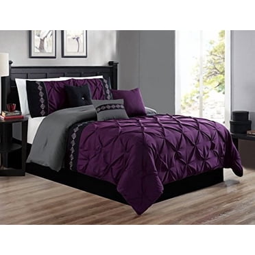 Ensemble de Literie 4 Saisons 7 Pcs Format Grand Violet Foncé / Gris / Noir à Double Aiguille avec Surpiqûres et Plis Pincés – Couette Brodée en Alternative au Duvet