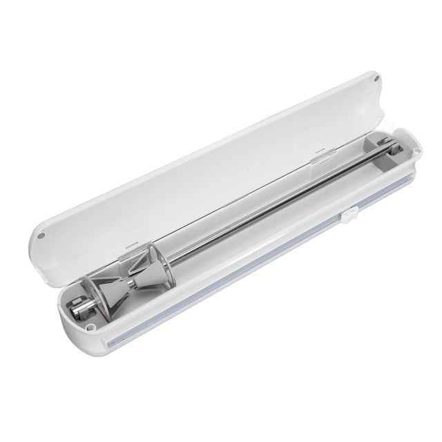 Refillable plastic wrap dispenser with slide cutter, made of durable ABS material, designed for restaurant kitchen foodservice. The dispenser features a precise cutting mechanism for clean cuts and an adjustable cutting size to fit various cling film and aluminum foil rolls. The image shows the dispenser open, highlighting the internal slide cutter and roll holder for easy use.