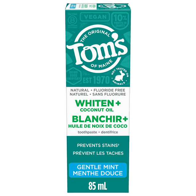 Tom’s of Maine Whiten Plus Coconut Oil Fluoride Free Toothpaste in gentle mint, 85 ml box with natural, enamel safe whitening formula that prevents stains, is vegan, and not tested on animals, labelled in English and French