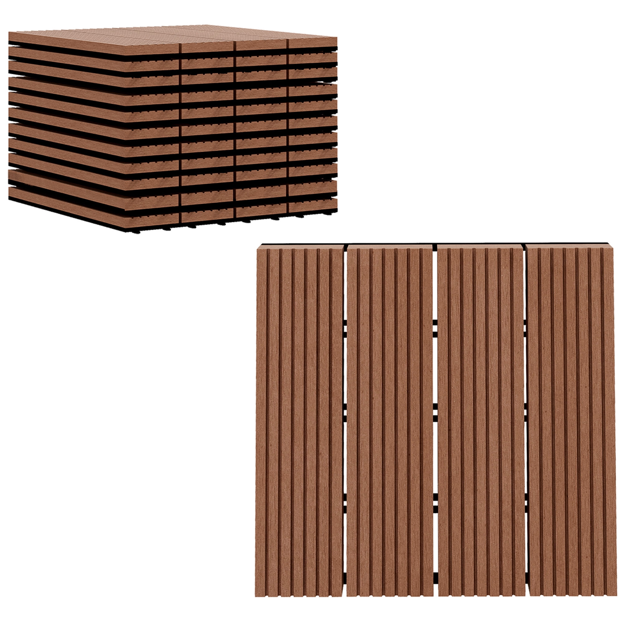 Outsunny 11 Pcs 12" x 12" Plastic Interlocking Deck Tiles for Patio, Brown