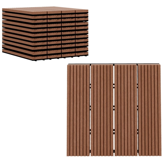 Outsunny 11 Pcs 12" x 12" Plastic Interlocking Deck Tiles for Patio, Brown