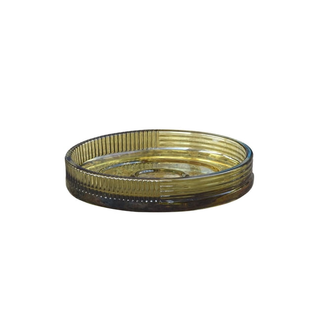 hometrends Scaled Green Glass Soap Dish, a round ribbed glass dish with vertical and horizontal textured patterns in green, made to keep bathroom or kitchen counters clean by preventing soapy messes, suitable for coordinating with matching bath accessories.