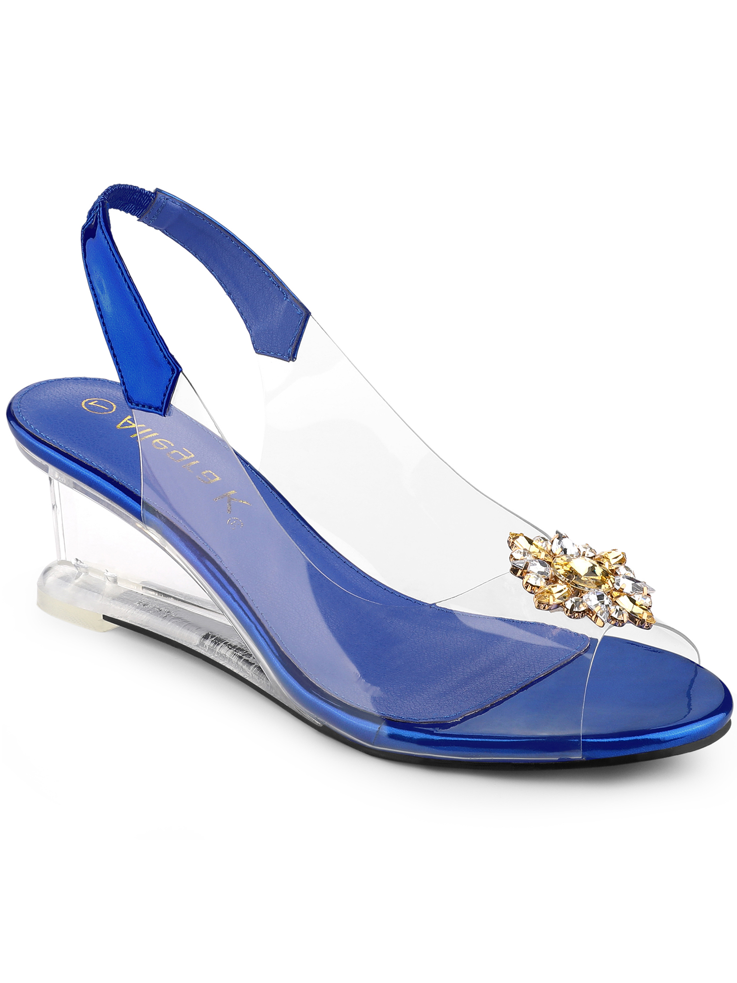 BLISSFUL STEP Chaussures pour Femmes Talons Compensés Transparents à Strass Bout Ouvert Slingback Chaussures Transparentes Bleu 8