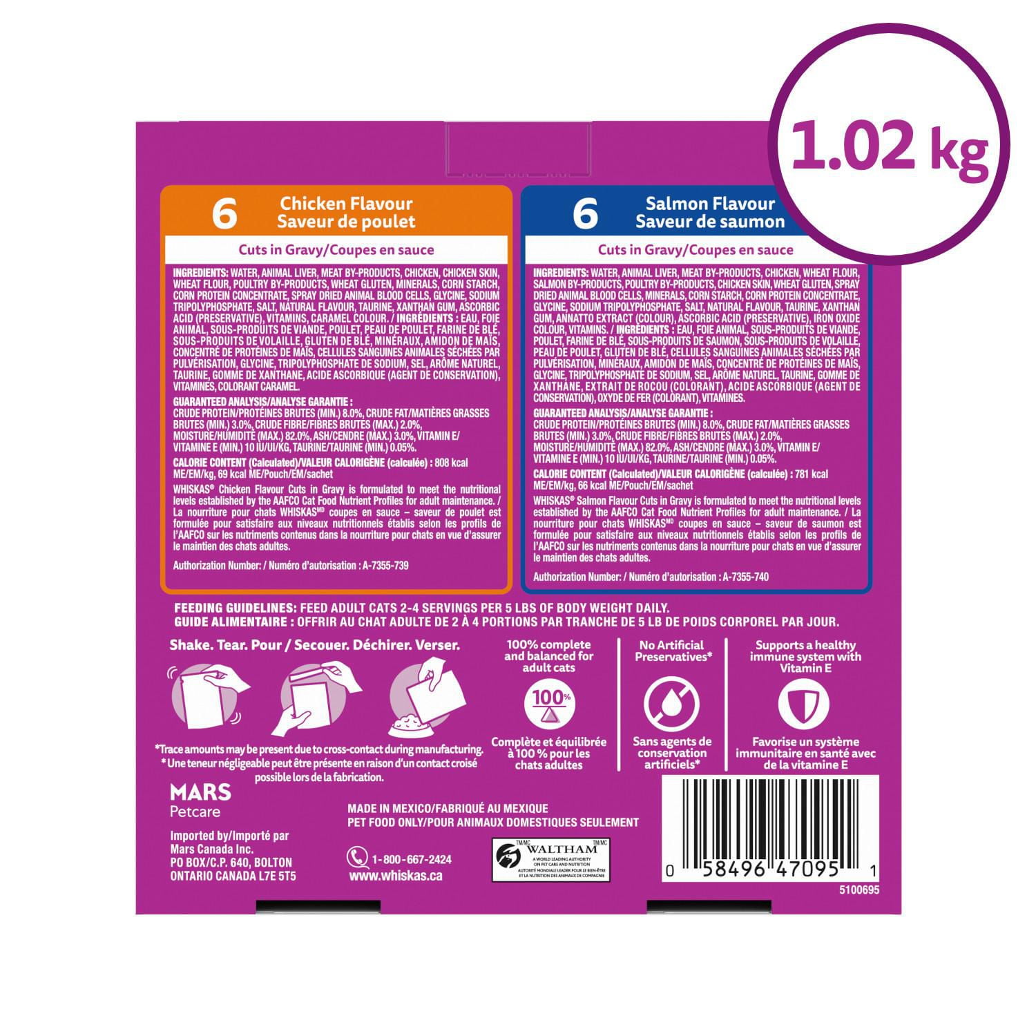 Nourriture humide pour chats adultes WHISKAS FAVORIS coupes en sauce en format variété – saveur de poulet et saveur de saumon