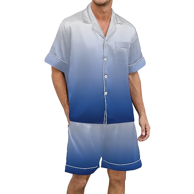 GPOECD Men's Sleepwear Plus Size Gradient Multicolored Printed Silk Satin Short Sleeve Button Up Loungewear Pajama Set Men Light Blue,L