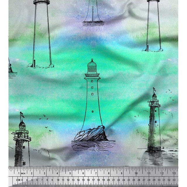 Soimoi Modal Satin Fabric Lighthouse Nautical Print Fabric by The Yard 42 Inch Wide