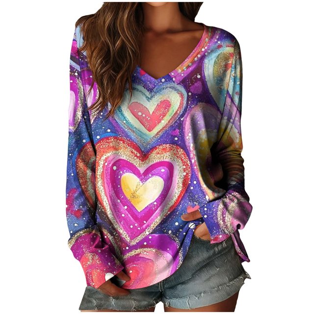2026 Hauts de la Saint-Valentin Femmes Décontracté Ample Haut à Col en V Mignon Cœur Saint-Valentin Coloré Imprimé Manches Longues Tenues Confort Romance T-Shirts Doux Vêtements Quotidiens Chemises