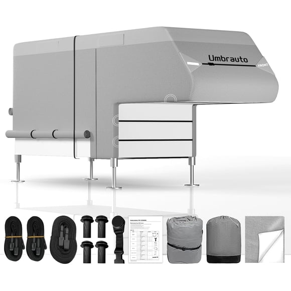 Umbrauto Truck Camper RV Cover 6-8ft: Waterproof Cabover Camper Cover, Upgraded 7 Layers Slide-in Camper Cover, Windproof Straps, Adhesive Patch for All Seasons