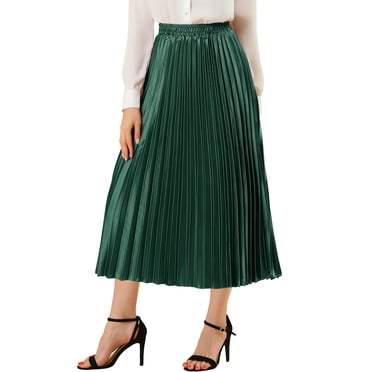 Unique Bargains Jupe Midi Plissée Accordéon Brillante Métallisée de Fête pour Femme à Taille Élastique Vert Foncé XX-Grand