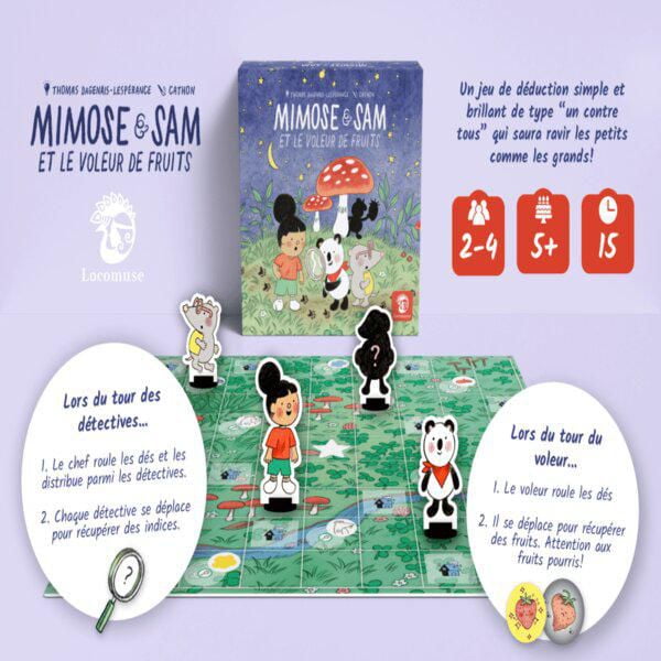 Studio Locomuse - Mimose & Sam et le Voleur de Fruits - One-vs-All Deduction game Board Game -French - 2 to 4 players - 5 years +