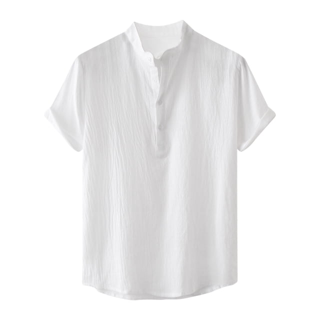 cfhntfmh Cotton Linen Shirts for Men Summer Short Sleeve Button up Beach T-Shirts Lightweight Solid Collared Tops