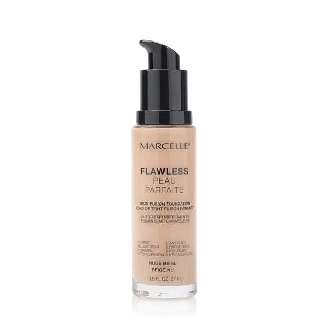 Marcelle Flawless Foundation in Nude Beige, a 27 ml glass bottle with black pump dispenser, oil-free hydrating liquid foundation with auto-adapting pigments for a natural finish and all-day wear, suitable for sensitive skin.