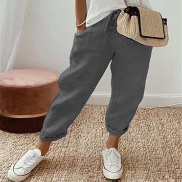 CHUANK Pantalon Décontracté en Coton et Lin pour Femmes Poches Solides Taille Haute Élastique Lacets Printemps Été Vêtements Féminins