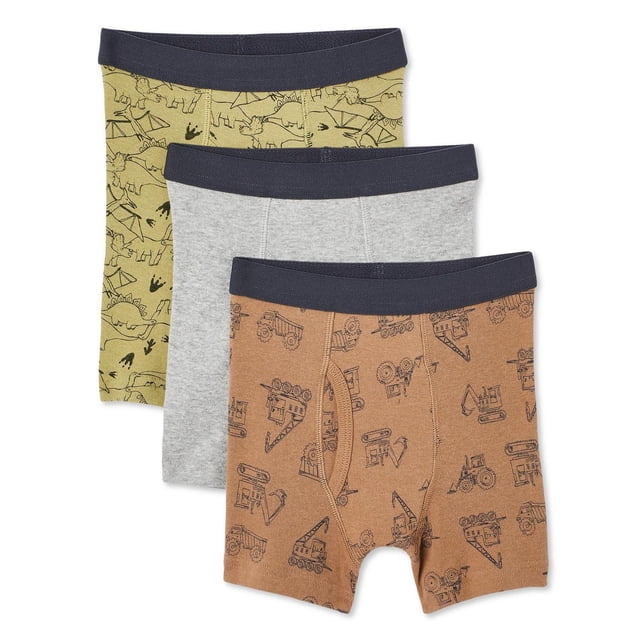 George Boxeurs pour Tout-Petits Garçons, Lot de 3 avec Ceintures Bleu Marine Élastiquées, Incluant une Paire Vert olive avec Imprimés de Dinosaures et d'Empreintes, une Paire Gris Uni et une Paire Brune avec Imprimés de Véhicules de construction, Fabriqués en Coton 100 % pour des sous-Vêtements Confortables pour Tout-Petits au Quotidien.