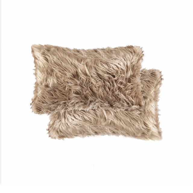 BELTON FAUX FUR PILLOW 12"X20" 2-PACK showing two rectangular beige faux sheepskin pillows with double-sided lush acrylic plush fibers and polyfil interior, designed for layering on beds or sofas to add texture and warmth to home décor.