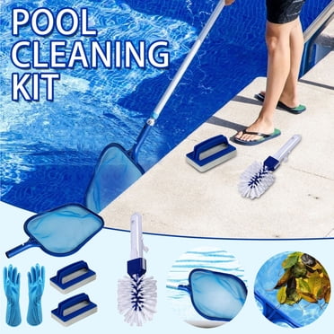 Kit de Nettoyage de Piscine 6 Pcs / Outils en Plastique Bleu / Gants, Brosses Éponge, Écumoire, Brosse à Récurer / Antidérapant, Design Ergonomique / pour Murs, Coins, Lignes de Flottaison / 15.75x11.81x1.57