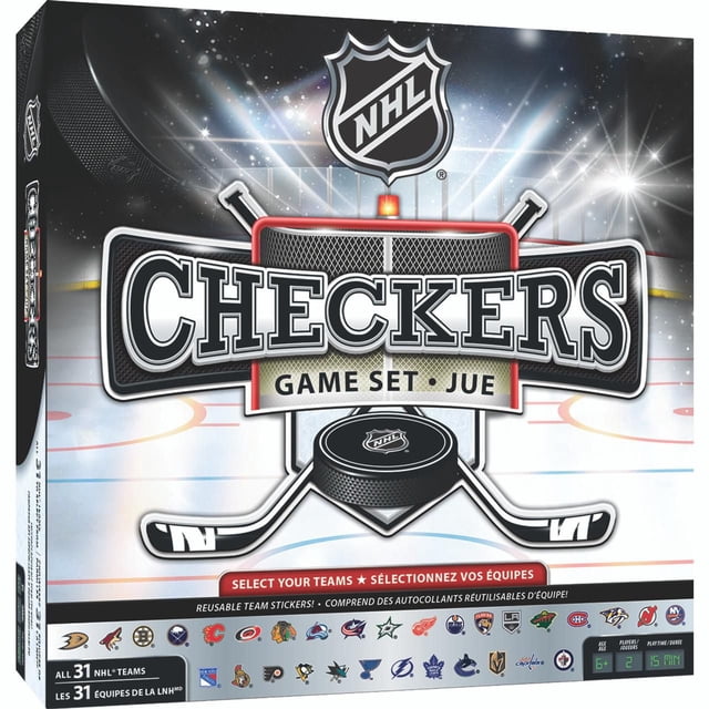 Masterpieces Boîte de Jeu de Société de Casse-Tête LNH League Checkers avec Arrière-Plan de Patinoire de hockey, logo LNH, Bâtons de hockey Croisés et Rondelle. Comprend 31 logos d'Équipe LNH avec Autocollants Réutilisables, Conçue pour 2 Joueurs de 6 Ans et Plus, avec un Temps de Jeu de 15 Minutes.