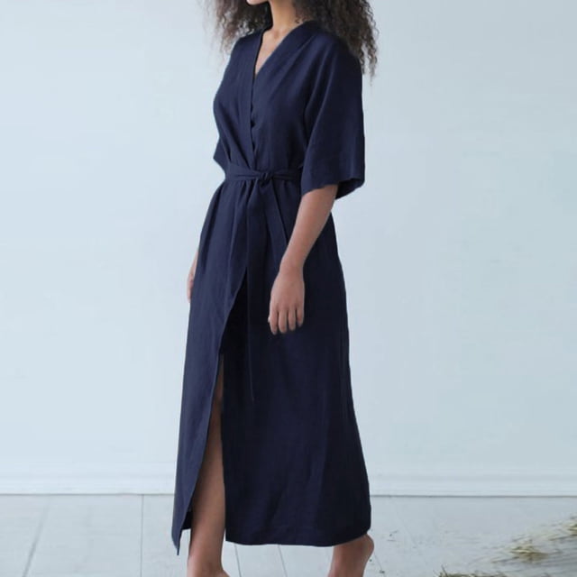 Aqestyerly Robe de Chambre en Lin pour Femme, Style à Lacets, Longue Robe Cardigan Décontractée HWRETIE HWRETIE