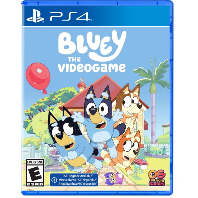 Bluey: The Videogame (PS4) cover featuring animated characters Bluey, Bingo, Bandit, and Chilli in front of the Heeler family house with a red balloon and garden setting, rated E for Everyone by ESRB.