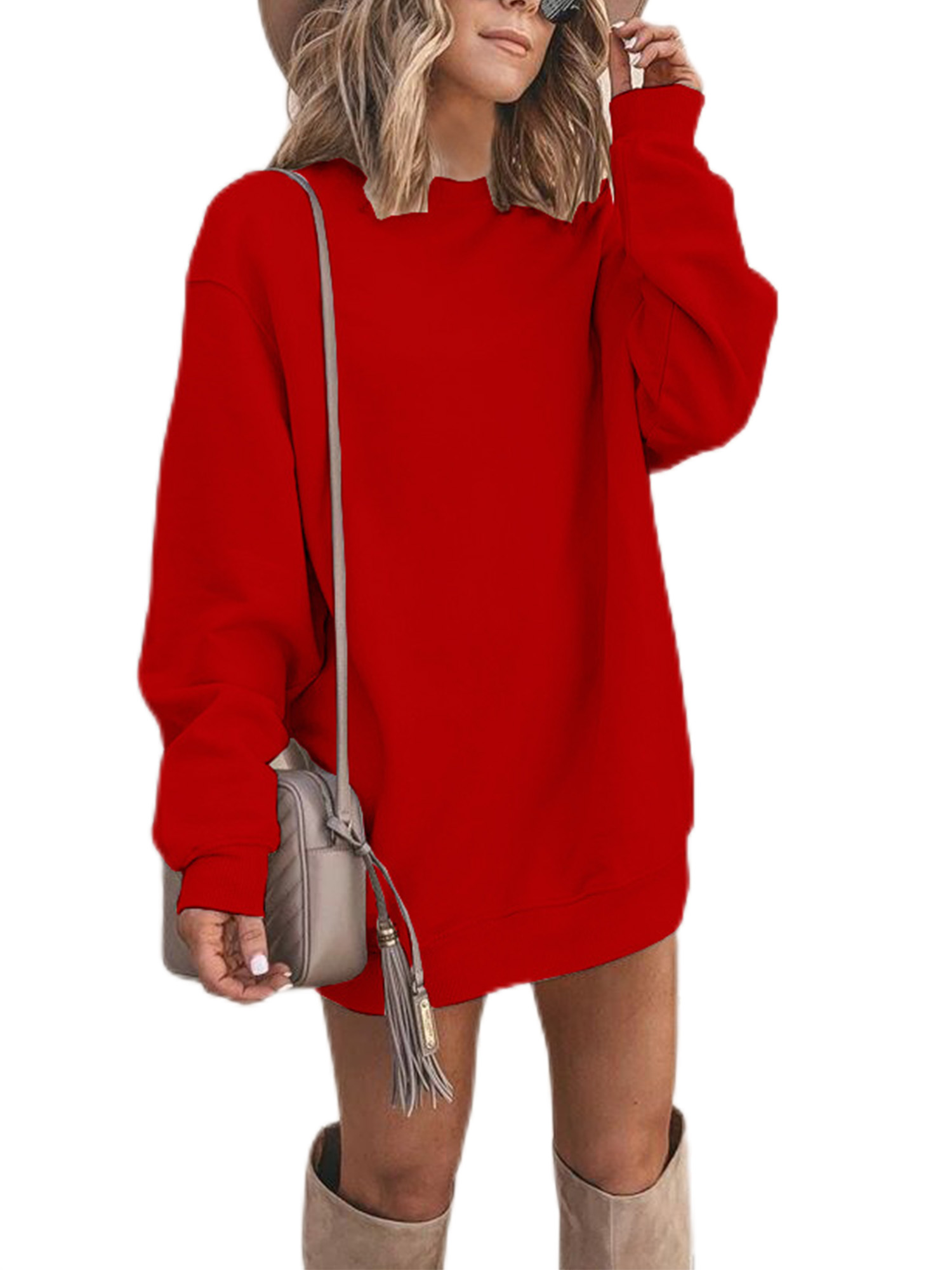 LUXUR Robe Chandail à Manches Longues pour Femmes Robe d'Hiver Unie Rouge TG
