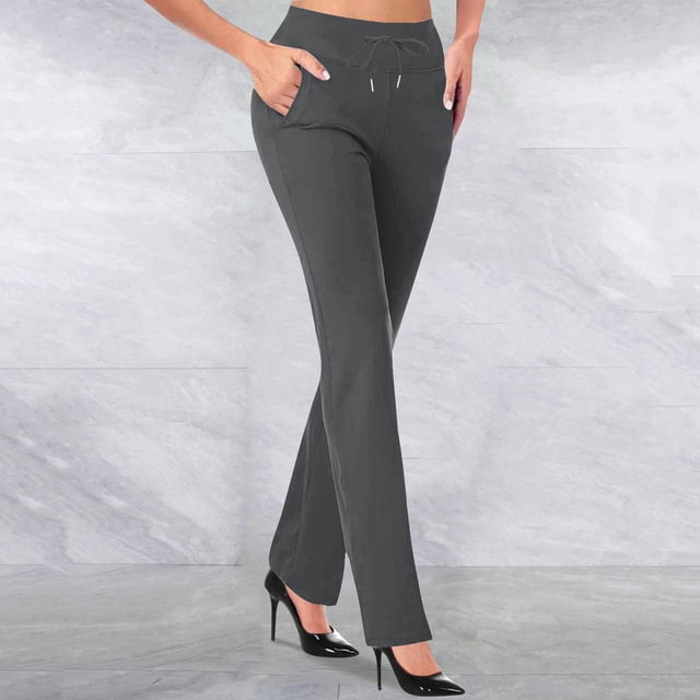 CFLVAEK Womens Office Flare Pants Casual Tummy Control Drawstring Waisted Slacks with Pocket Solid Color Work Straight Pant Casual Tall Lenth Business TrousersDark Gray L