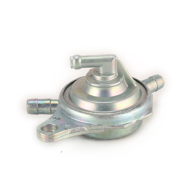 Vacuum fuel valve fuel cock fuel petcock fuel switch for scooters and ATVs with GY6 50CC, 125CC, and 150CC engines. The durable metallic valve features a circular design, two fuel line connectors, and a mounting bracket, ideal for automotive fuel system replacements.